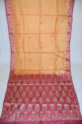 Vintage Floral Dgn Sarees Sequins Embroidery Brocade Work Multi Pure silk Sari Foto 1 de 4