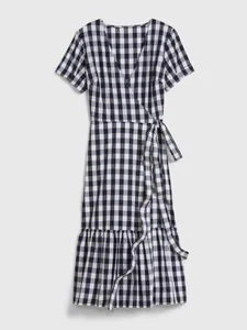 Brand New! Womens Gap Navy Blue Plaid Gingham Wrap Ruffle Midi Dress Size Medium - Picture 1 of 1