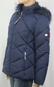 Tommy Hilfiger marineblau gesteppte Jacke aus Kunstfell vorne Reißverschluss Neu mit Etikett - Bild 1 von 1