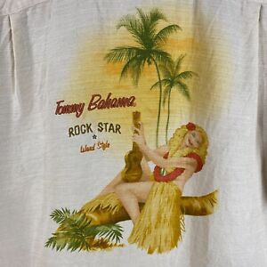 Tommy Bahama Shirt Men Medium Tan Silk Hulu Girl Palm Tree Vintage Hawaiian Camp