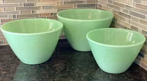 1950 Fire King Jadeit 3er Set T Spritzwassergeschützte Rührschüssel Mid Century MCM grün - Bild 1 von 8