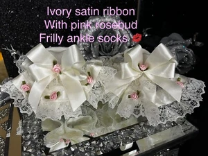 ❤️Spanish Ivory Ruffle Embellished Rosebud💝 ankle Socks CustomHandmade ❤️ - Picture 1 of 26