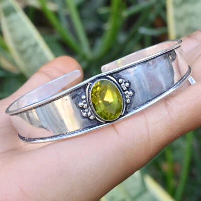 Faceted Peridot Gemstone Bangle 925 Sterling Silver Bracelet For Casual Occasion - Image 1 of 4