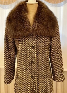 DANA BUCHMAN ELEGANT TWEED WOOL BLEND COAT WITH DETACHABLE BEAVER COLLAR, 6 - Picture 1 of 12