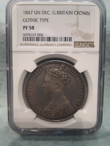 GREAT BRITAIN ~ 1847 ~ CROWN  ~ SILVER ~ GOTHIC TYPE ~ UNDECIMO EDGE ~ NGC PF58 Cover