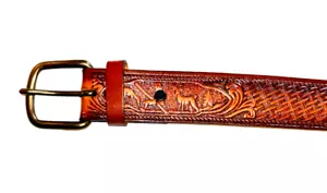Mens New Hunting Belt With Deer Images Brown Size 37- 41 Made in Texas USA - Picture 1 of 5