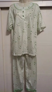 Women Pajamas Set White & Green Short Sleeve 1/4 Button Sleepwear Lounge wear XL - Picture 1 of 11