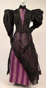 VICTORIAN 1890’S PURPLE OMBRE SATIN + BLACK SILK DRESS W MASSIVE MUTTON SLEEVES - Picture 1 of 12