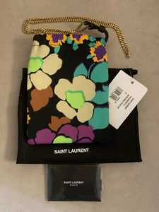 Saint Laurent YSL Mini Floral Satin Drawstring Pouch Shoulder Bag Black Gold NWT - Picture 1 of 14