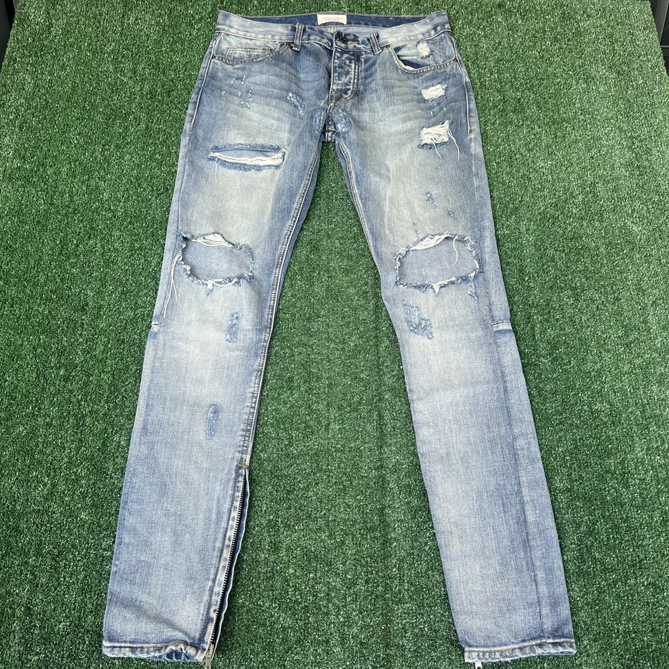 Pantalones de mezclilla Fear of God para hombre 34x34" azules desgastados ajustados cremallera al tobillo cuarta colección Foto 1 de 4
