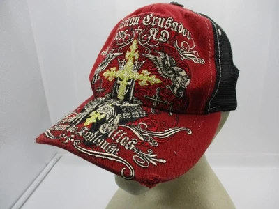 Affliction Crusader Trucker Hat Cap Red Black Gold Leather Snap Back AOP Retro - Image 1 of 4