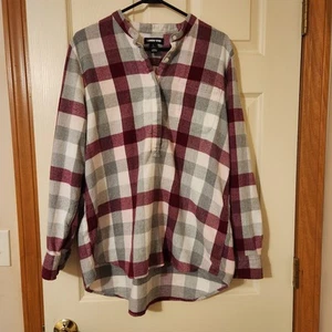 Lands' End Women's Banded Collar Cotton Flannel Shirt Size L 14/16 Pink Gray - Picture 1 of 7