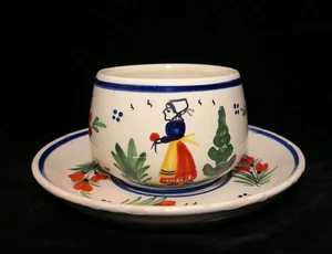 1920s HR Quimper France Mistral Blue Hand Painted Breton Folk Lady Cup & Saucer - Picture 1 of 13