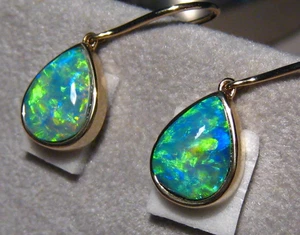 Thick Gem Grade  opal earrings   , Solid 14 k yellow Gold - Picture 1 of 14