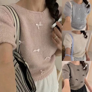 Stylish Bow Sweater for Women with Short Sleeves Great for Casual Outings - Picture 1 of 18