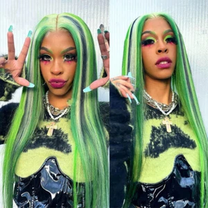 Green Black White | Dark Red Black Hightlights Long Straight Lace Front Wig - Picture 1 of 11
