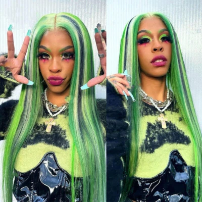 Verde Negro Blanco | Peluca Frontal Larga Recta Encaje Destacada Rojo Oscuro Negro Destacados Foto 1 de 4