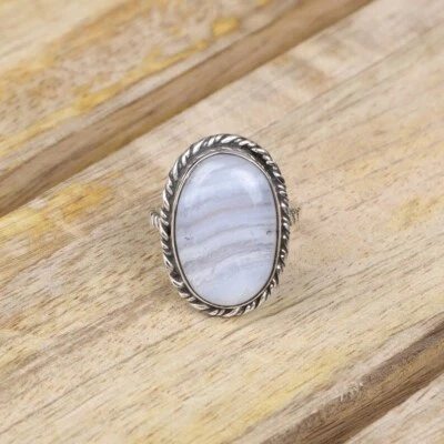 Blu Pizzo Agata Gemma 925 Argento Sterling Artigianale Anello Tutti Misura H-17 - Immagine 1 di 4