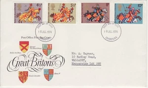 GB Stamps First Day Cover Great Britons, Robert Bruce, horse sword arms CDS 1974 - Picture 1 of 1