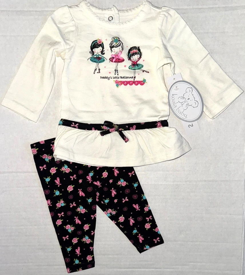 KOALA BABY 2 piece set cream/black/floral ballerina motif size NEWBORN - Image 1 of 1