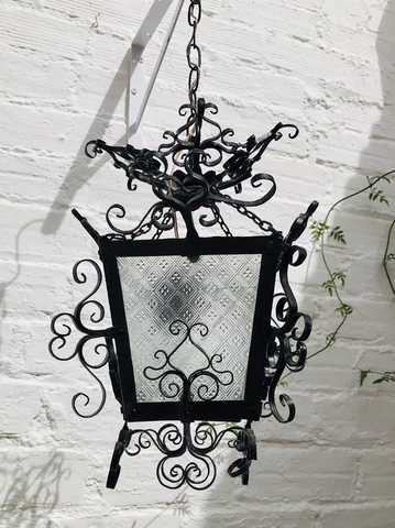 Antique Spanish Colonial Revival Lantern Black Scrolled Wrought Iron Porch Light Cover