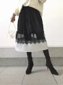 ZARA BLACK & SILVER PLEATED VELVET MIDI SKIRT WITH LACE DETAIL SIZE M - Picture 1 of 10