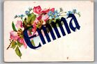 Carte postale Emma calligraphie bleu mica paillettes sur les fleurs de pomme oubliez-moi nots
