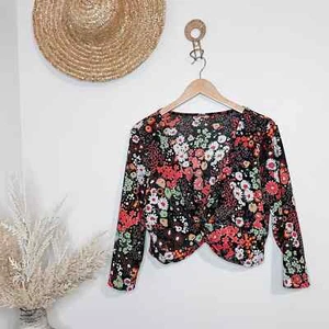 Y2K Inspired Neon Floral Black Tie Front Crop Top Micro Cardigan Size Medium - Bild 1 von 5