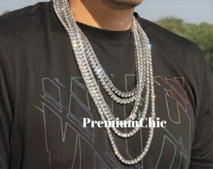 14k White Gold Plated Tennis Chain Choker Clear CZ Stone Mens Hip Hop Necklace - Picture 1 of 17