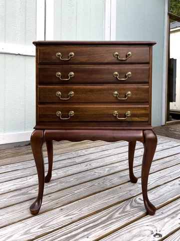 Vintage Solid Cherry Queen Anne Style Silver Chest on Legs Brass Pulls Cover