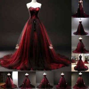 Burgundy+Black Quinceanera Dresses Tulle Lace Applique Dress Floor Length - Picture 1 of 16