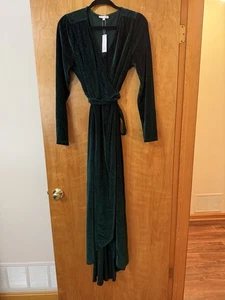 Baltic Born Andi Ribbed Velvet Wrap Dress Maxi Gown Party Emerald Green Holiday - Picture 1 of 19