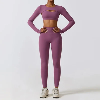Nylon Yoga Set Women Sportswear Long Sleeve Crop Top High Waist Leggings - Image 1 of 4