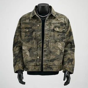 Herren Western Camouflage Jeansjacke Knopf Jeansmantel Ripped Workwear Outdoor - Bild 1 von 7