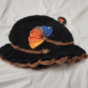 Fischerhut Retro 90er gehäkelt schwarz braun Blume gefüttert Damen  - Bild 1 von 7