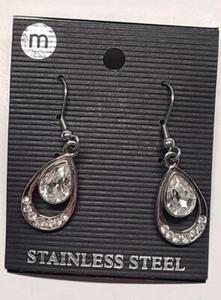 Teardrop Dangling Clear Gemstones Stainless Steel Earrings - Picture 1 of 3
