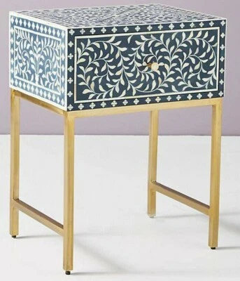 Mesita de noche hecha a mano con incrustación de hueso diseño floral 1 cajón mesa auxiliar patas de hierro azul Foto 1 de 4