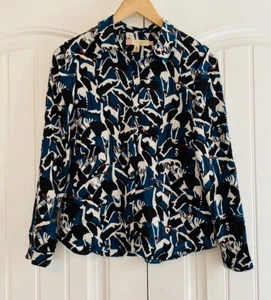 Ted Baker Women's 100% Silk Button Down Shirt Blouse Top Size 2 Blue Black EUC - Picture 1 of 8
