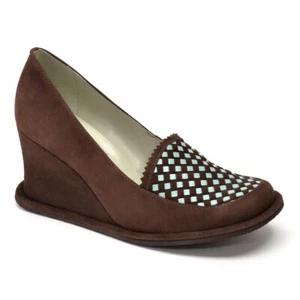 Womens Kaju Giraudon Betume Wedge Heel Pumps 37 / 6 Brown Blue Suede New in Box - Picture 1 of 6
