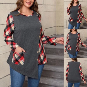 Plus Size Women Check Long Sleeve Casual Tunic Tops Button Loose T-Shirt Blouse - Picture 1 of 13
