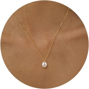 Pearl Necklaces for Women, Dainty Gold Necklace 14K Gold Plated Single Pearl Nec - Picture 1 of 12