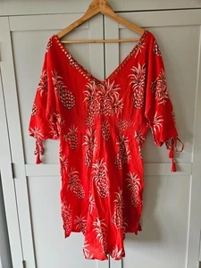Monsoon Summer Beach Dress Tunic - Red with Pineapples, Stretchy Waist - Size L - Picture 1 of 8