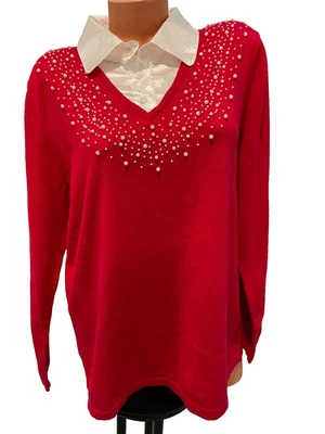 Quacker Factory Women's Pearl Embellished Red 2-in-1 Sweater - Size L - Image 1 of 4