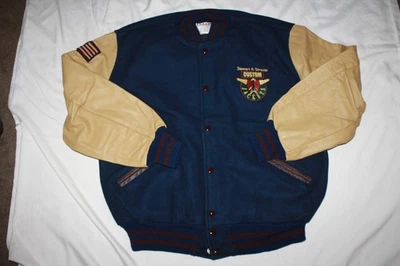 Vintage DELONG Letterman’s VARSITY JACKET NAVY BEIGE XLARGE - Image 1 of 3