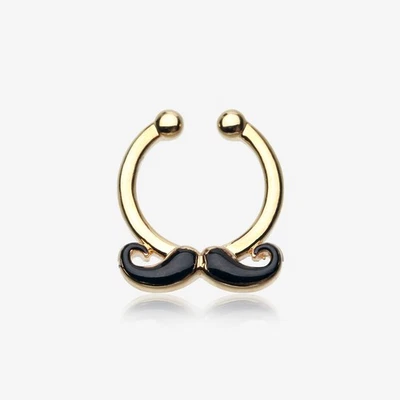 Golden Classic Mustache Fake Septum Clip-On Ring - Image 1 of 2