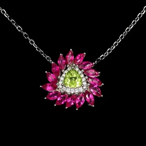 925 Sterling Silver Necklace Trilliant Peridot 5mm Pink Topaz Gemstone 18 Inches - Picture 1 of 14