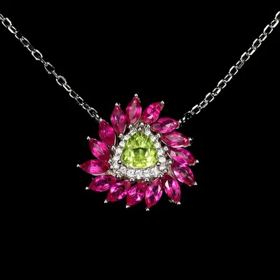 925 Sterling Silver Necklace Trilliant Peridot 5mm Pink Topaz Gemstone 18 Inches - Image 1 of 4