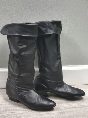 BOTAS PIRATAS JOYCE negras de tacón bajo hasta la rodilla de cuero de colección años 80 talla 6,5 B/2A Foto 1 de 4