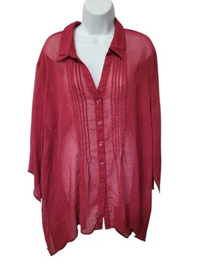 Maggie Barnes Top Plus Size 3X Metallic Shimmer Sheer 3/4 Sleeve Button Pintuck - Image 1 of 4