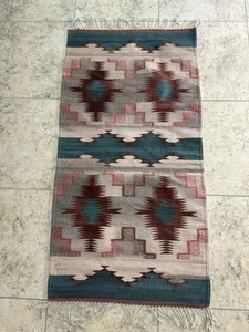 Vintage Woven Aztec Teal Grey Burgundy Geometric Boho Rug - Picture 1 of 6